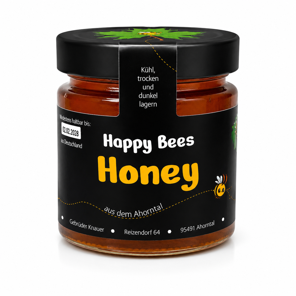 Glas mit flüssigem Blütenhonig von HappyBees