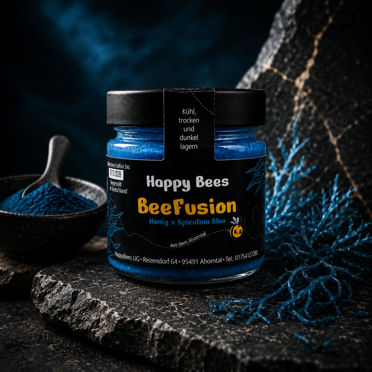 BeeFusion Spirulina Blau – blauer Honig mit Spirulina im 250-g-Glas von HappyBees