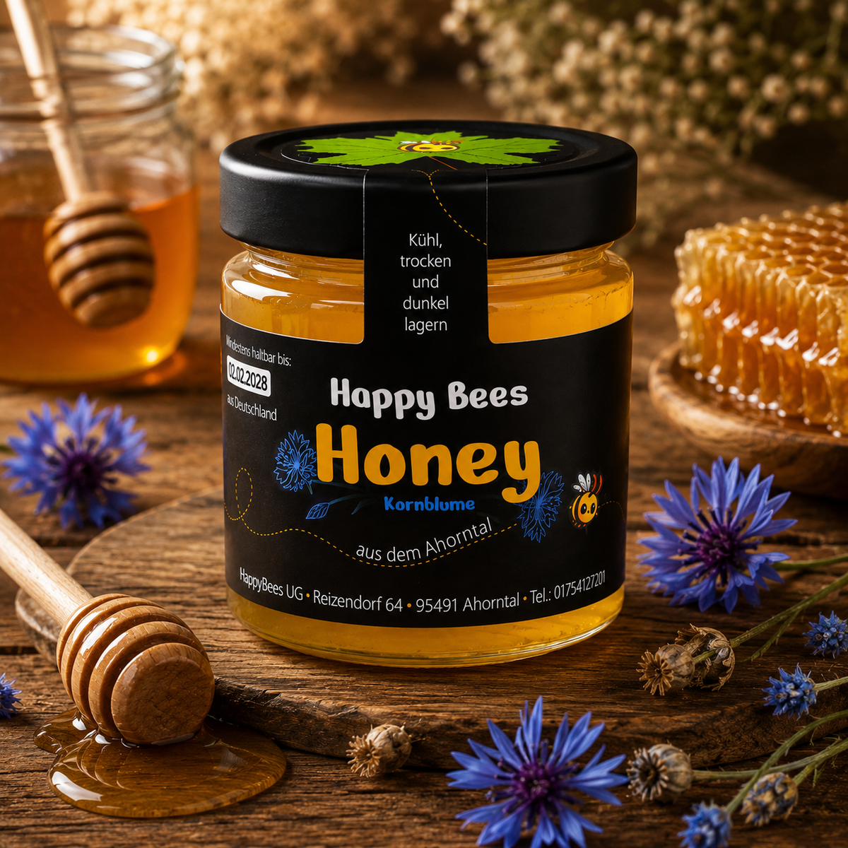 Kornblumenhonig von HappyBees mit Honigwabe und blauen Kornblumen
