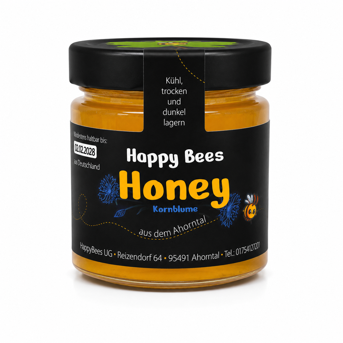Glas mit Kornblumenhonig von HappyBees aus Ahorntal