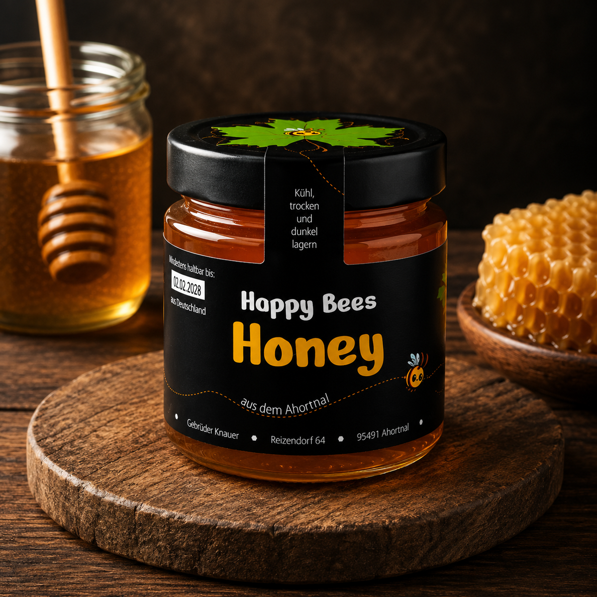 Flüssiger Blütenhonig im Glas von HappyBees aus Ahorntal