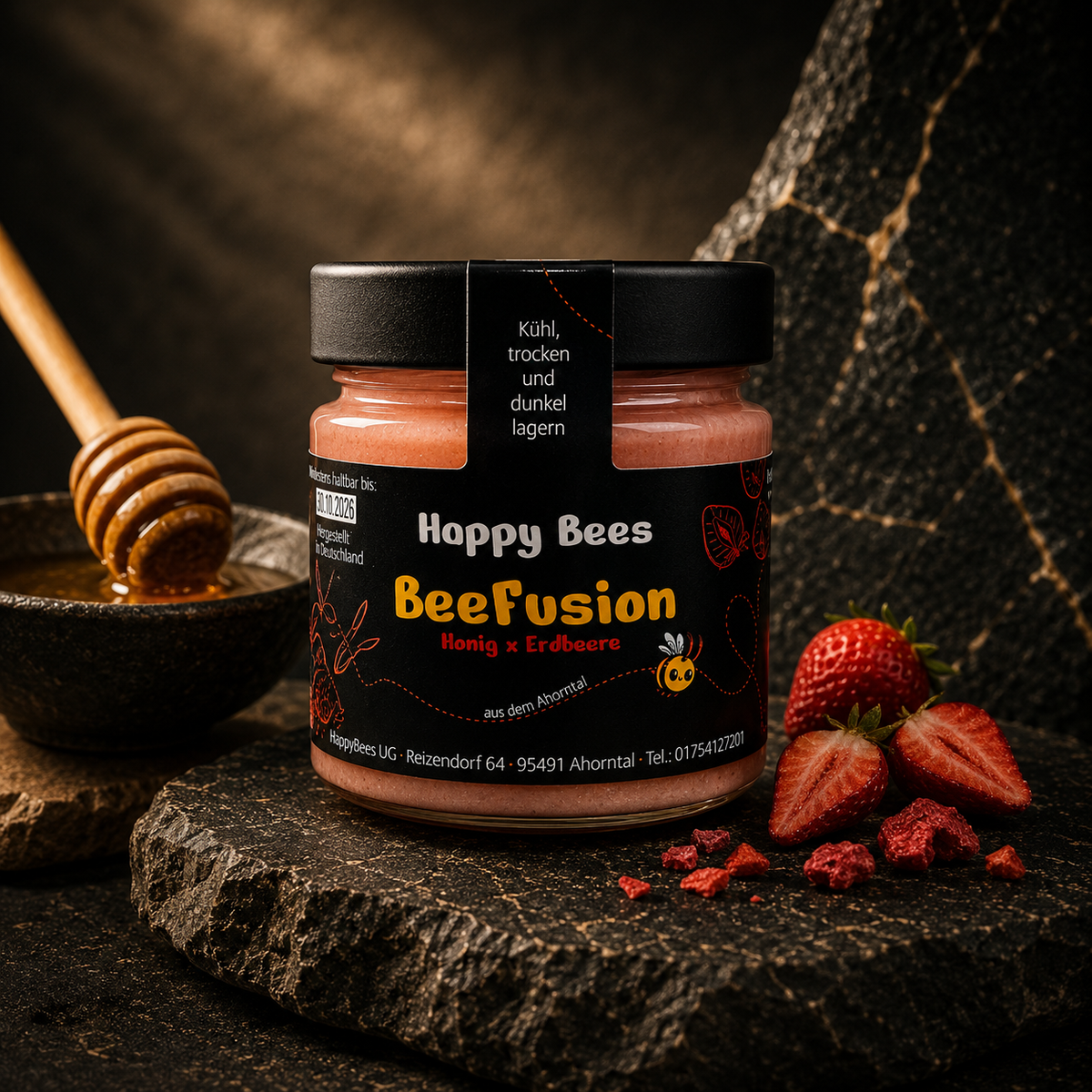 BeeFusion Erdbeere – feincremiger Honig mit gefriergetrockneten Erdbeeren von HappyBees