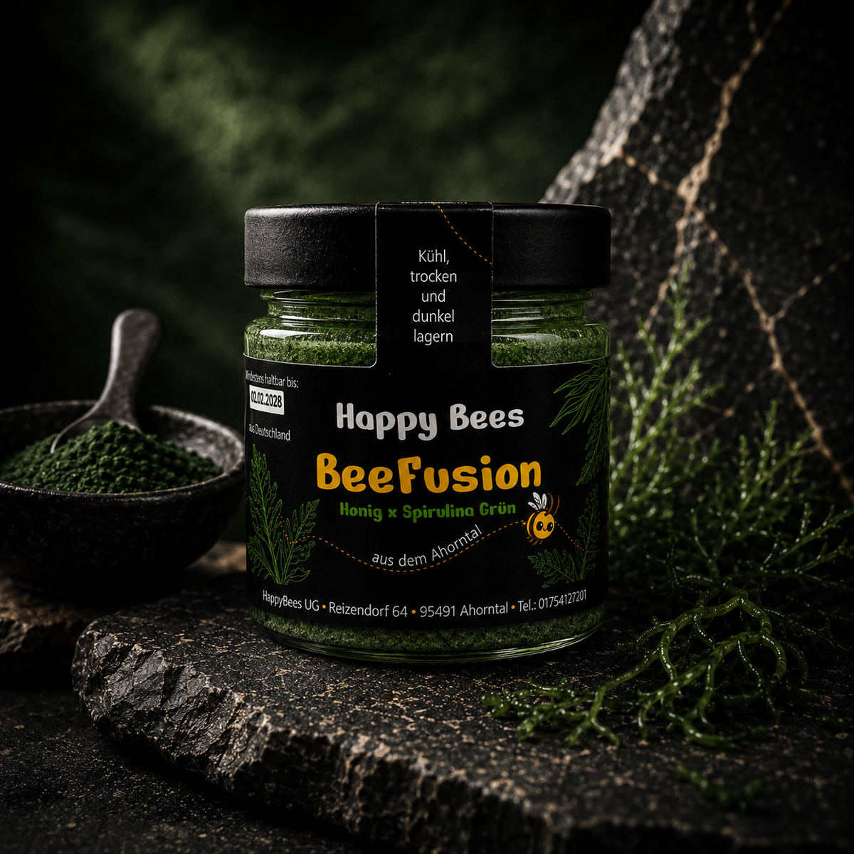 BeeFusion Spirulina Grün – feincremiger Honig mit grünem Spirulinapulver von HappyBees