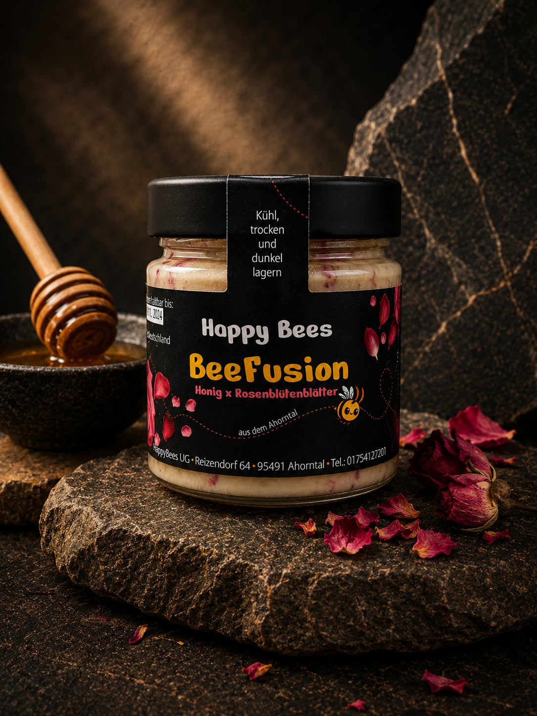 BeeFusion Rosenblüten – feincremiger Honig mit getrockneten Rosenblüten von HappyBees