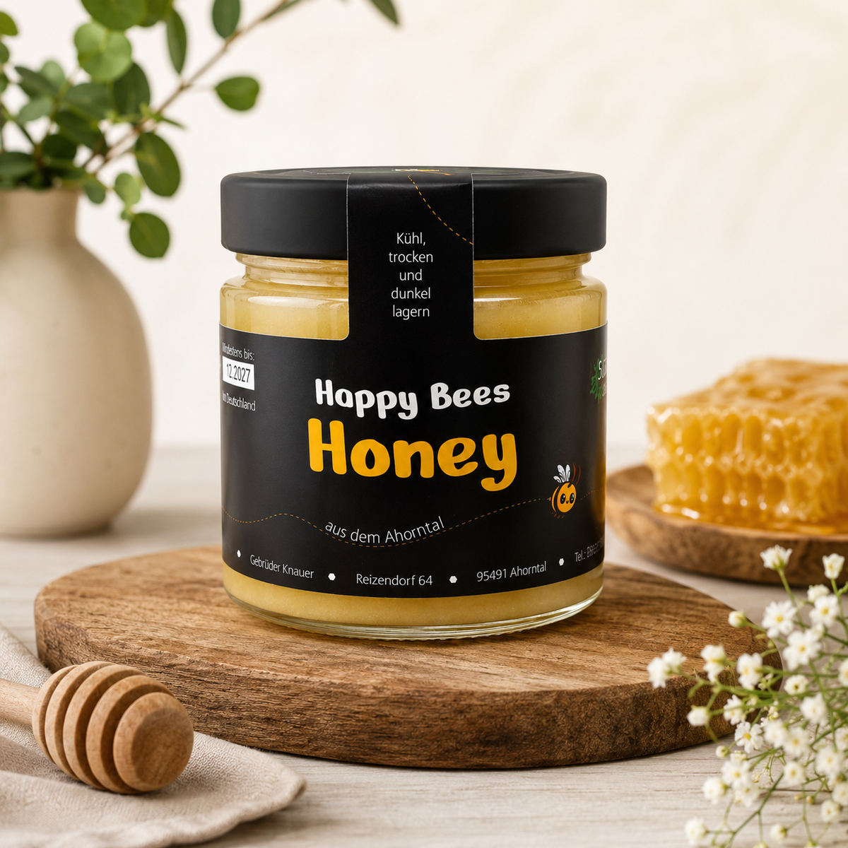 Feincremiger Blütenhonig von HappyBees auf einem gedeckten Frühstückstisch