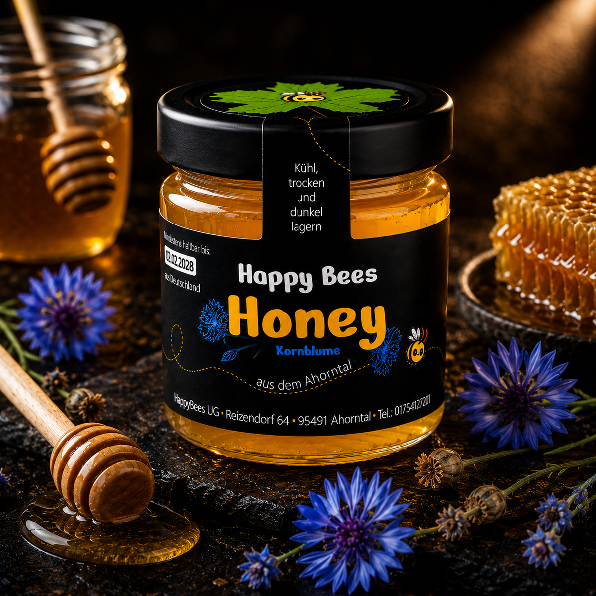 Kornblumenhonig im Glas von HappyBees mit Kornblumen und Honiglöffel